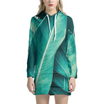 Turquoise Banana Leaf Print Hoodie Dress