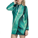 Turquoise Banana Leaf Print Hoodie Dress