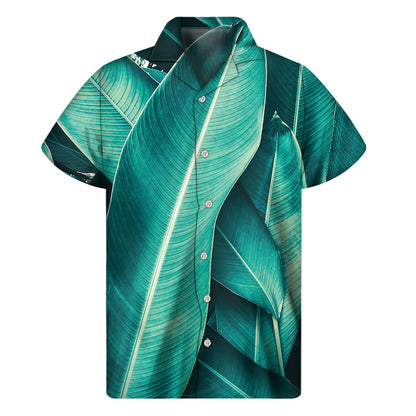 Turquoise Banana Leaf Print Men's Short Sleeve Shirt
