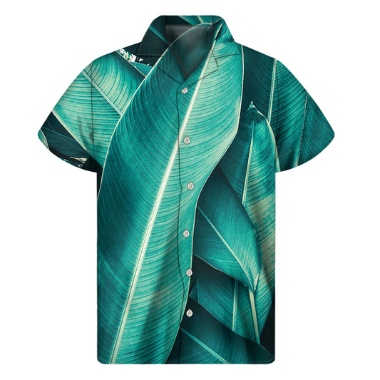 Turquoise Banana Leaf Print Men's Short Sleeve Shirt
