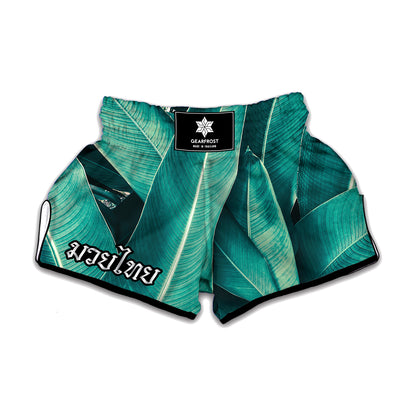 Turquoise Banana Leaf Print Muay Thai Boxing Shorts