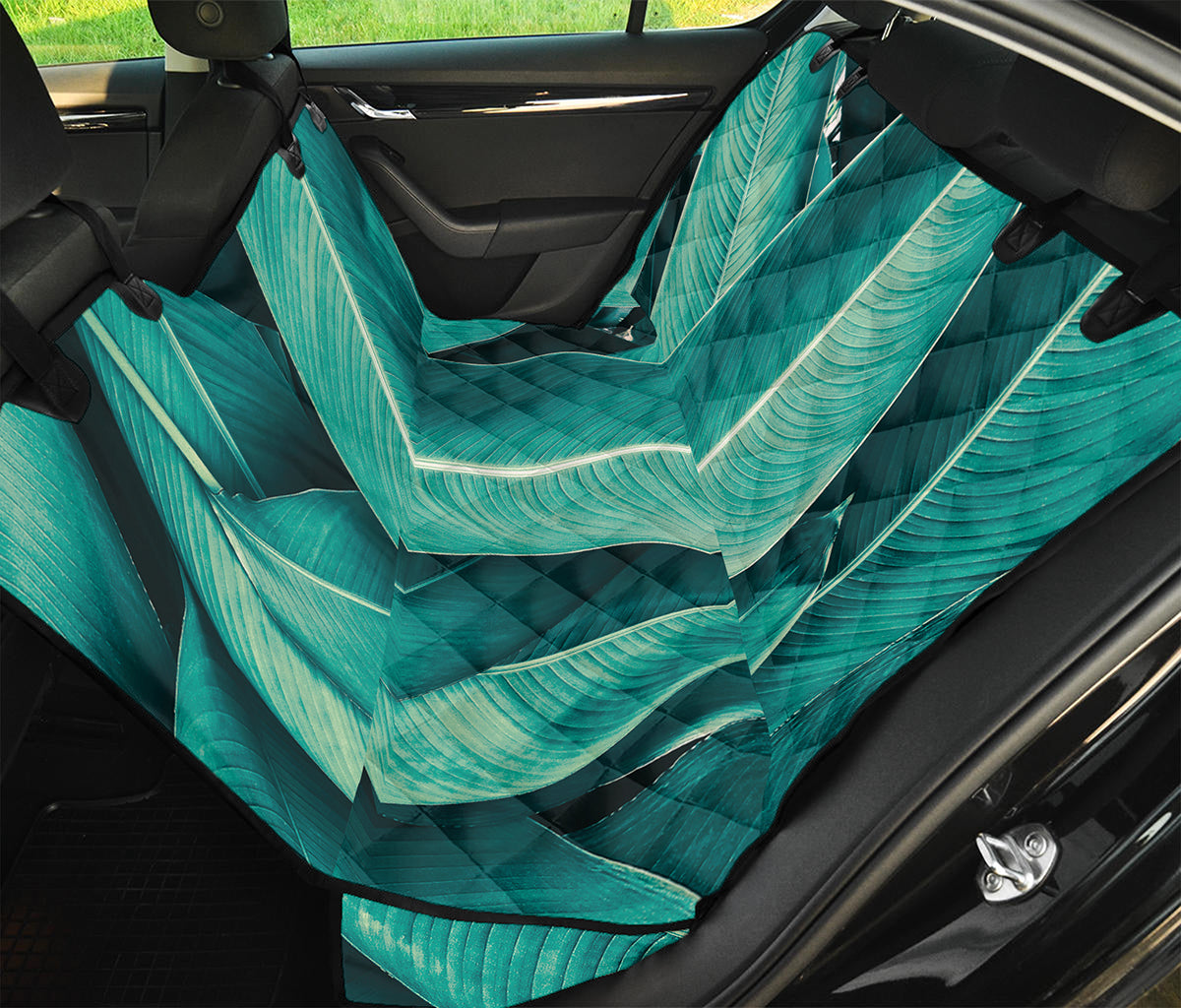 Turquoise Banana Leaf Print Pet Car Back Seat Cover