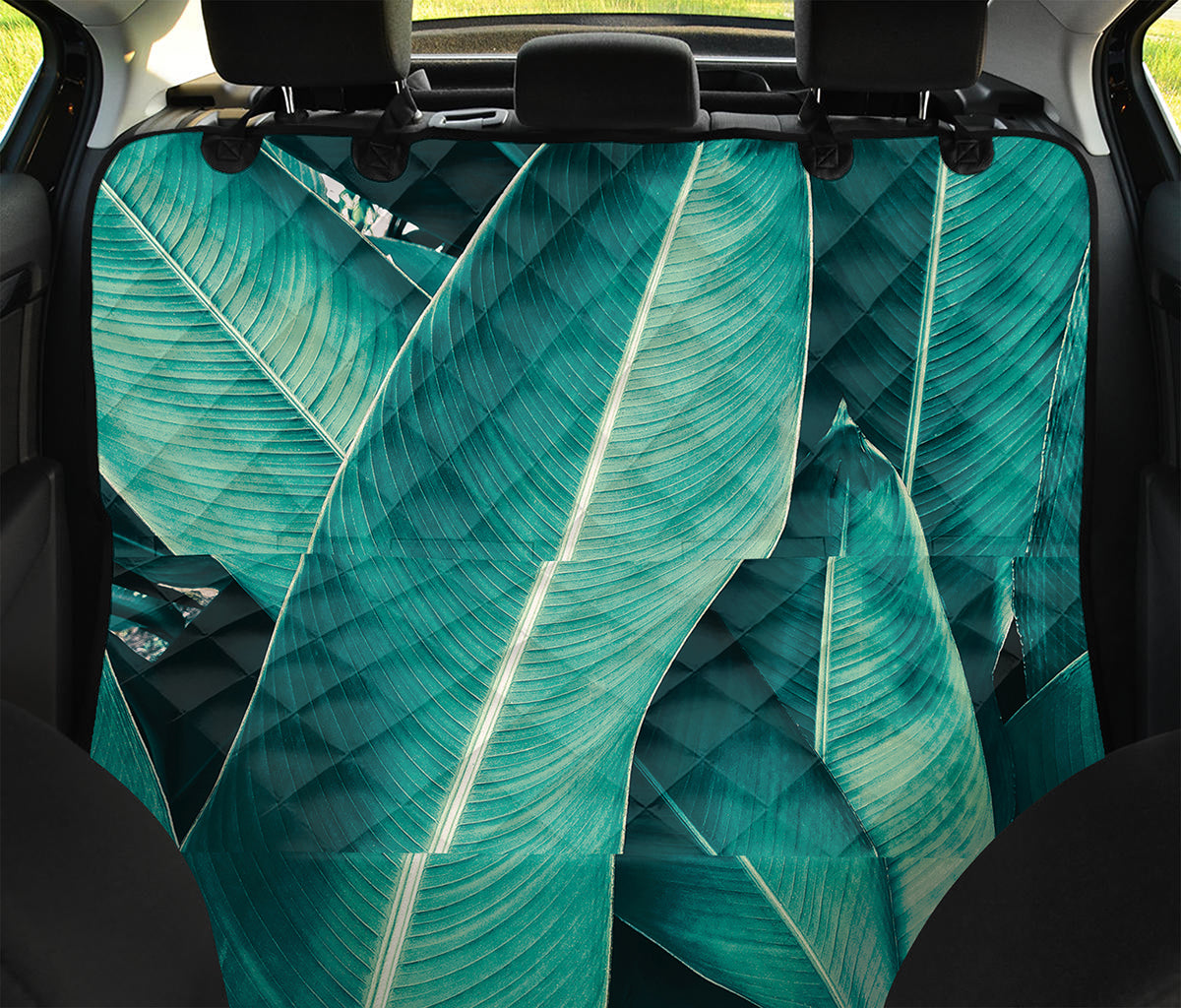 Turquoise Banana Leaf Print Pet Car Back Seat Cover