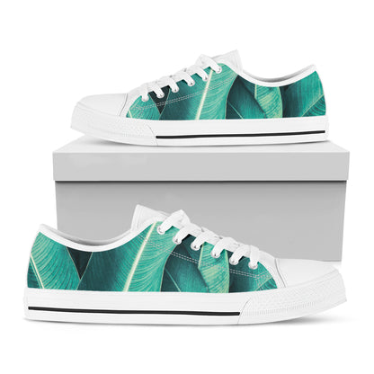 Turquoise Banana Leaf Print White Low Top Shoes