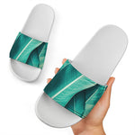 Turquoise Banana Leaf Print White Slide Sandals