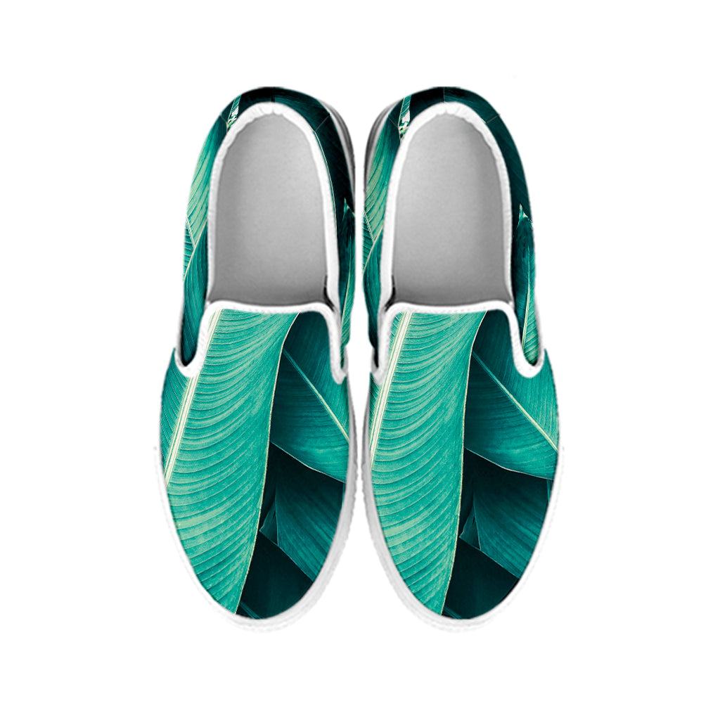 Turquoise Banana Leaf Print White Slip On Shoes