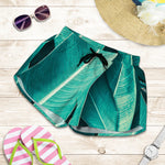Turquoise Banana Leaf Print Women's Shorts