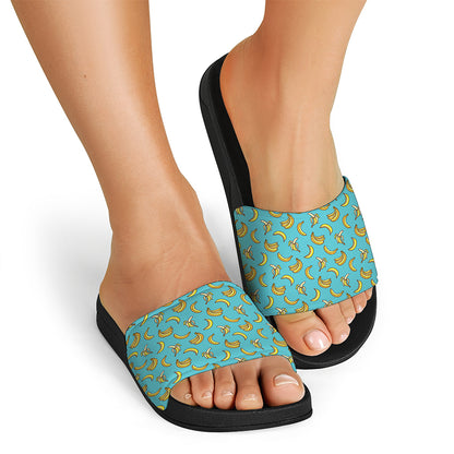 Turquoise Banana Pattern Print Black Slide Sandals