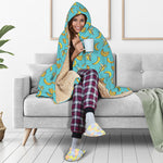 Turquoise Banana Pattern Print Hooded Blanket