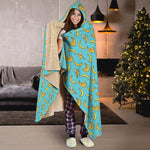 Turquoise Banana Pattern Print Hooded Blanket