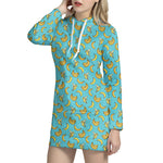 Turquoise Banana Pattern Print Hoodie Dress