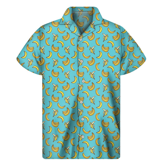 Turquoise Banana Pattern Print Men's Short Sleeve Shirt