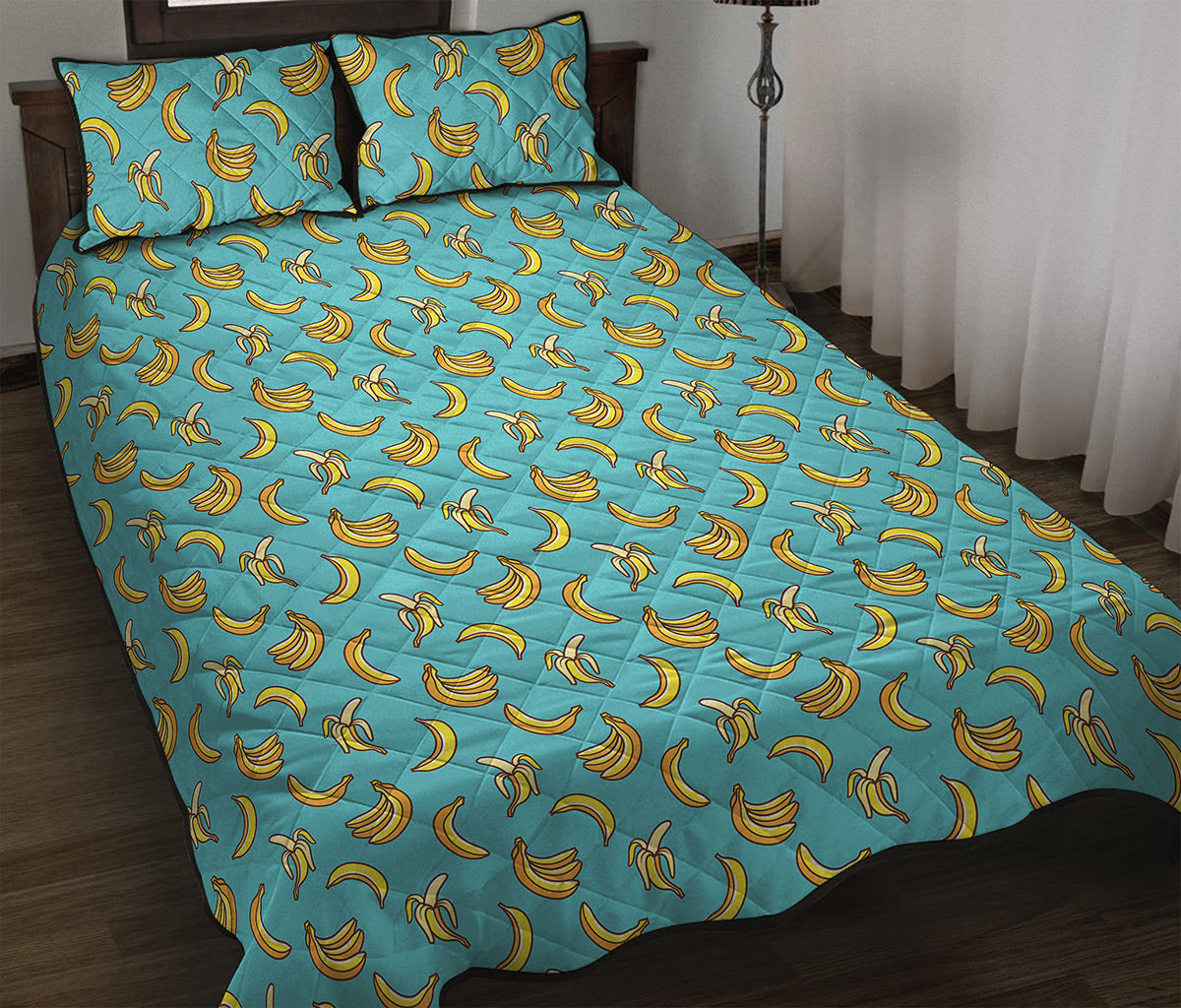 Turquoise Banana Pattern Print Quilt Bed Set