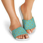 Turquoise Banana Pattern Print White Slide Sandals