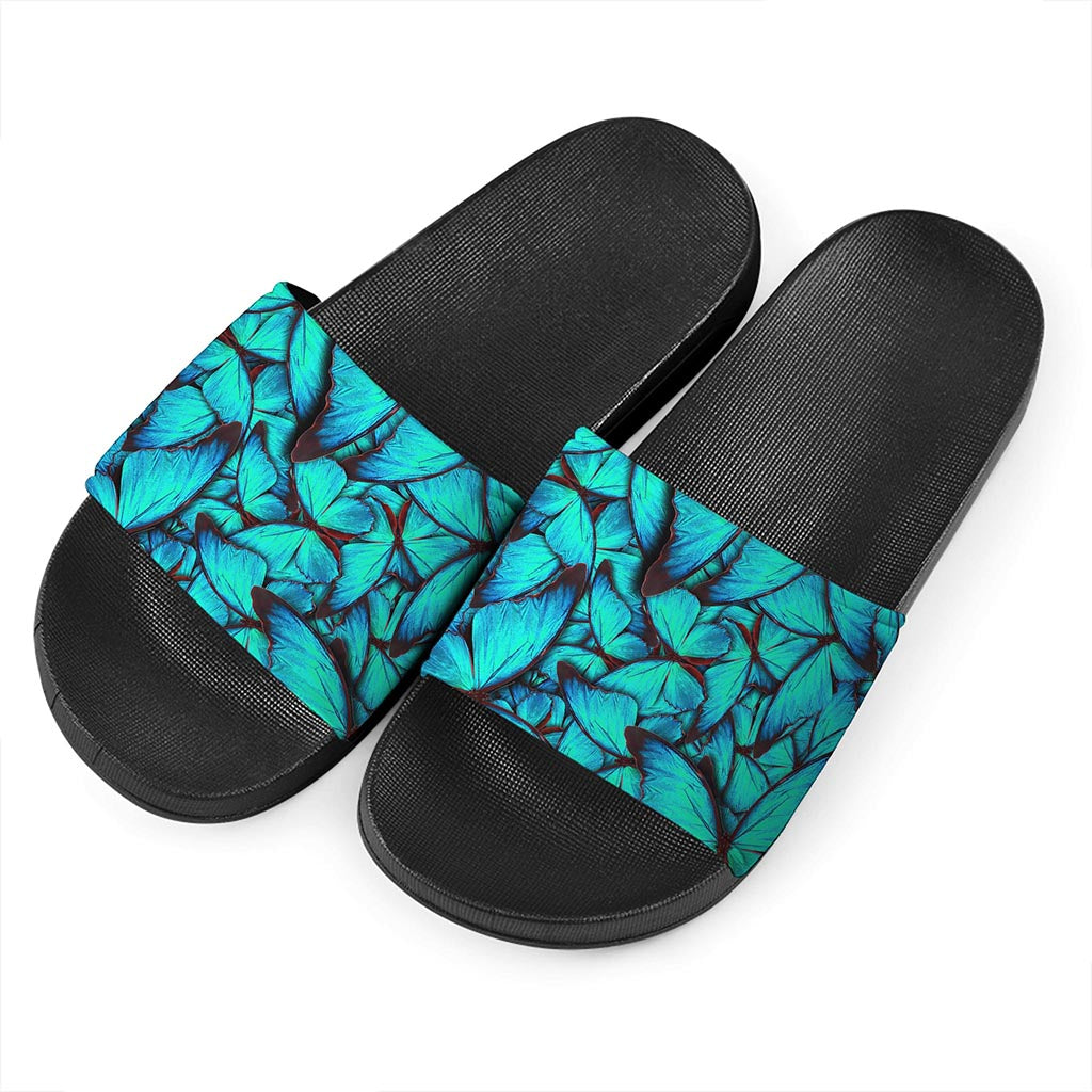 Turquoise Butterfly Pattern Print Black Slide Sandals