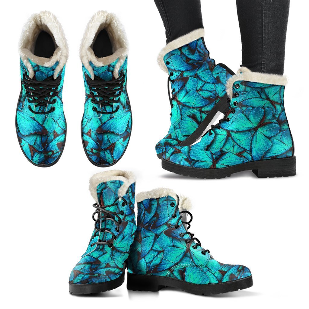Turquoise Butterfly Pattern Print Comfy Boots GearFrost