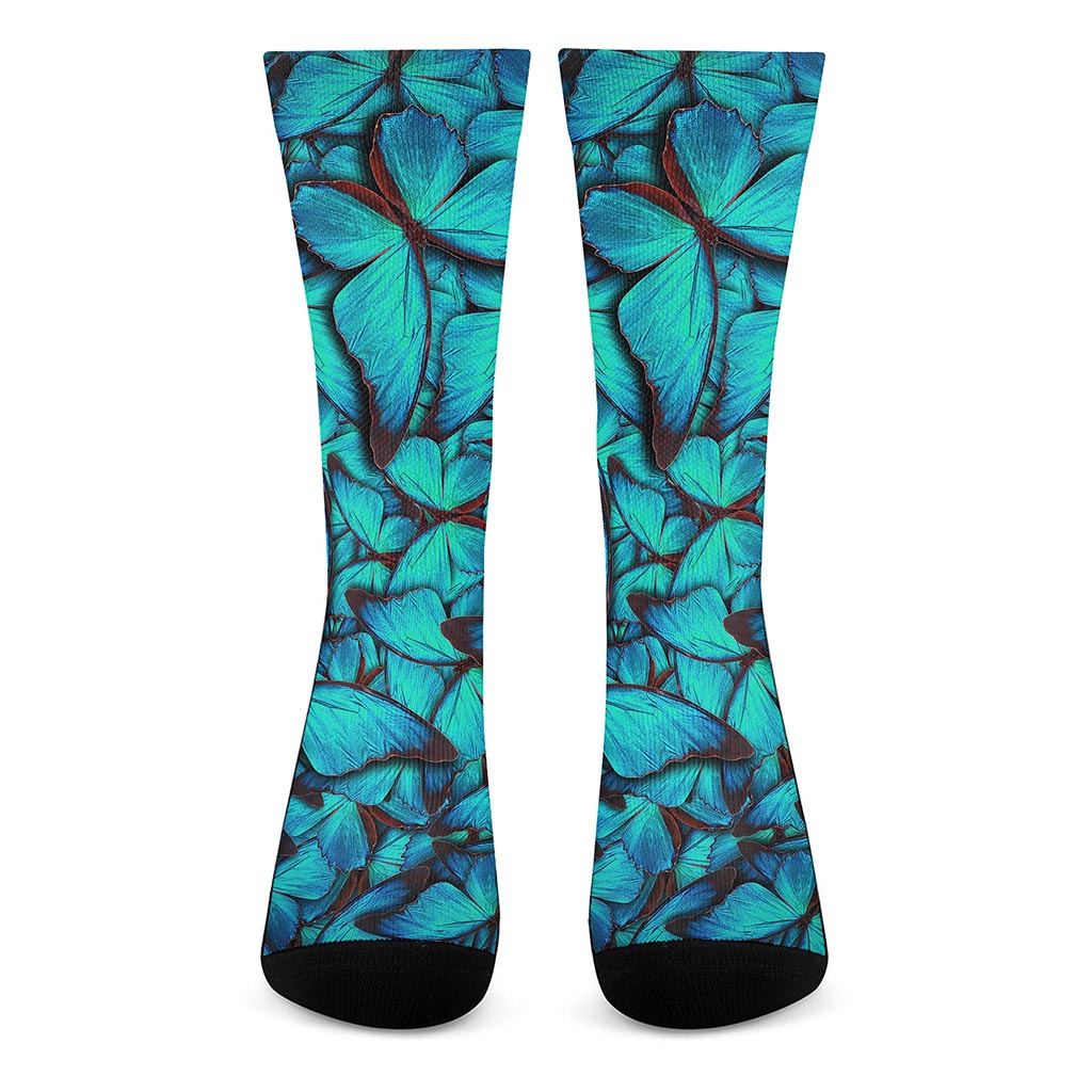 Turquoise Butterfly Pattern Print Crew Socks