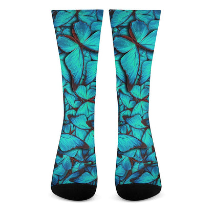 Turquoise Butterfly Pattern Print Crew Socks