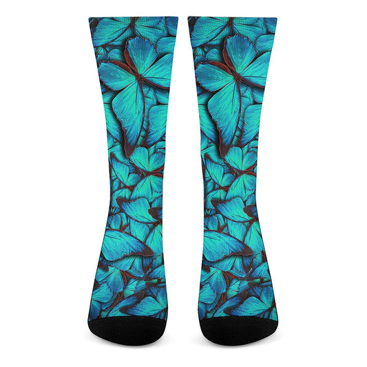 Turquoise Butterfly Pattern Print Crew Socks