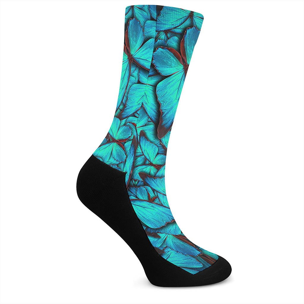 Turquoise Butterfly Pattern Print Crew Socks