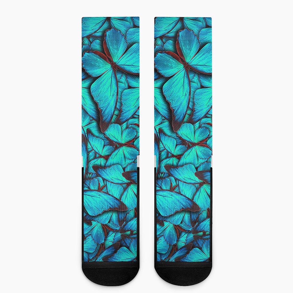Turquoise Butterfly Pattern Print Crew Socks