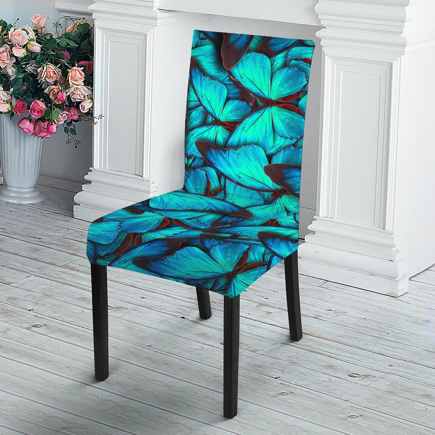 Turquoise Butterfly Pattern Print Dining Chair Slipcover