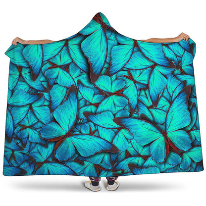 Turquoise Butterfly Pattern Print Hooded Blanket