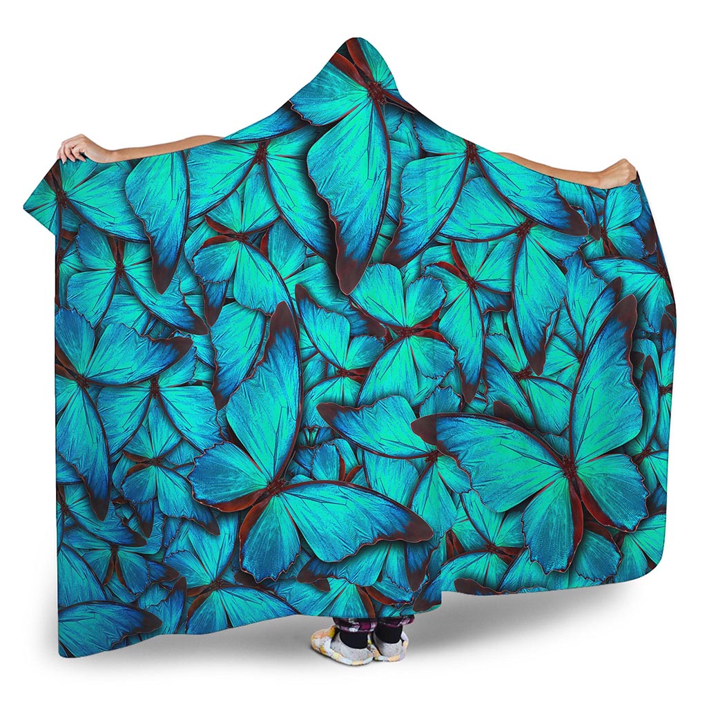 Turquoise Butterfly Pattern Print Hooded Blanket