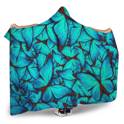 Turquoise Butterfly Pattern Print Hooded Blanket