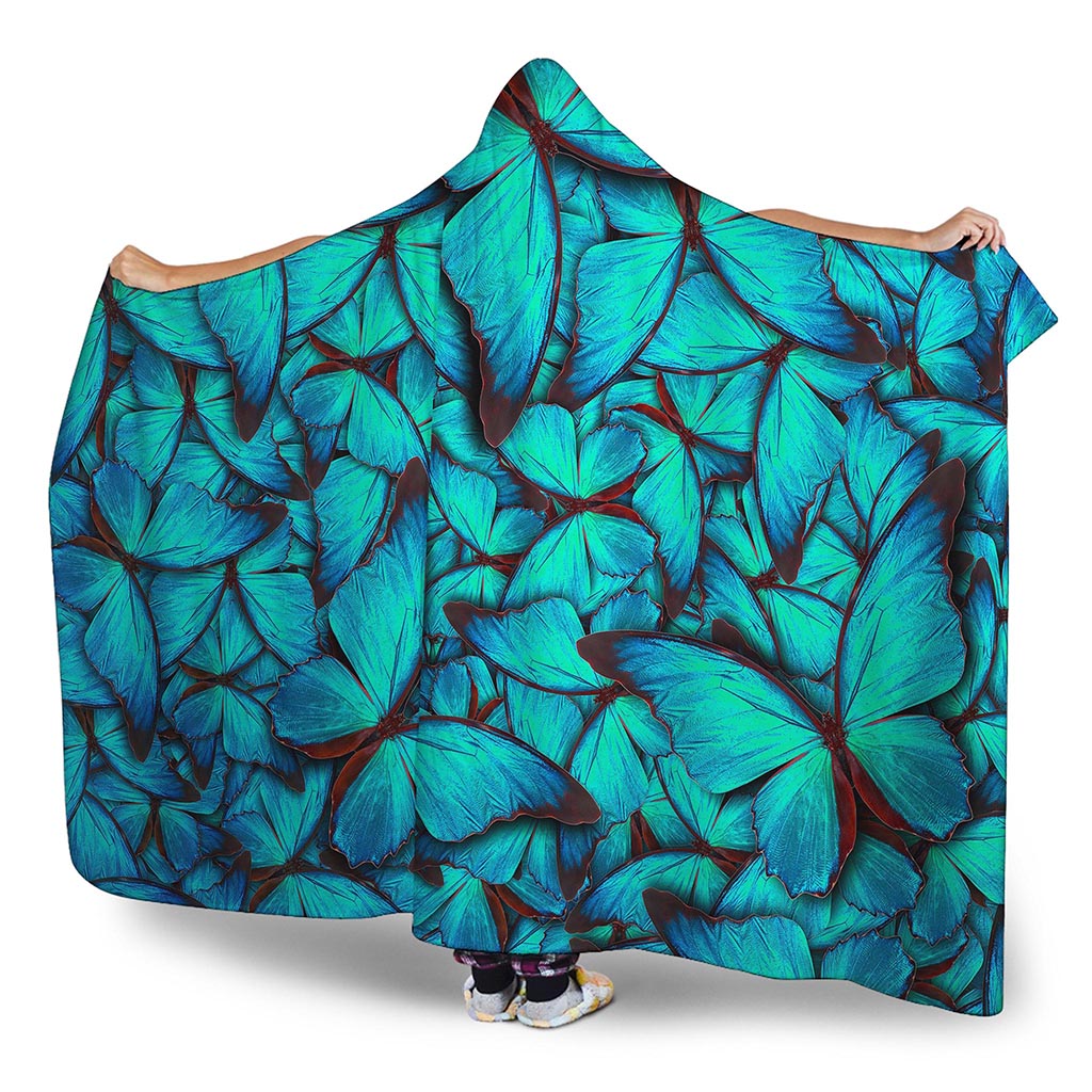 Turquoise Butterfly Pattern Print Hooded Blanket
