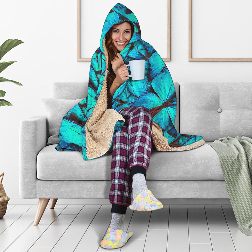 Turquoise Butterfly Pattern Print Hooded Blanket
