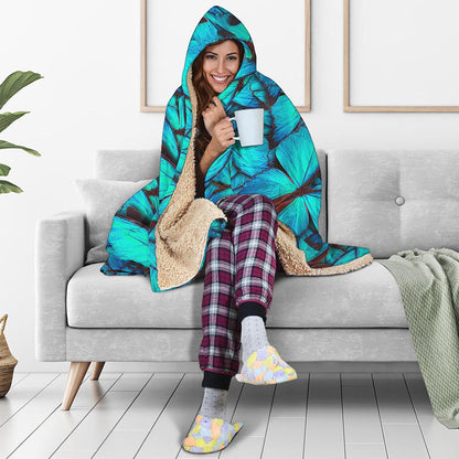 Turquoise Butterfly Pattern Print Hooded Blanket