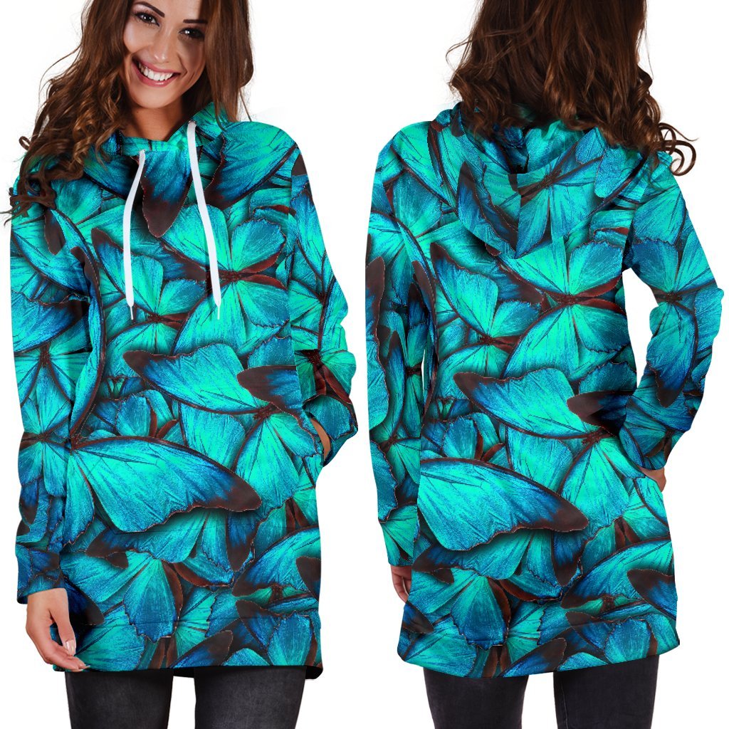 Turquoise Butterfly Pattern Print Hoodie Dress GearFrost