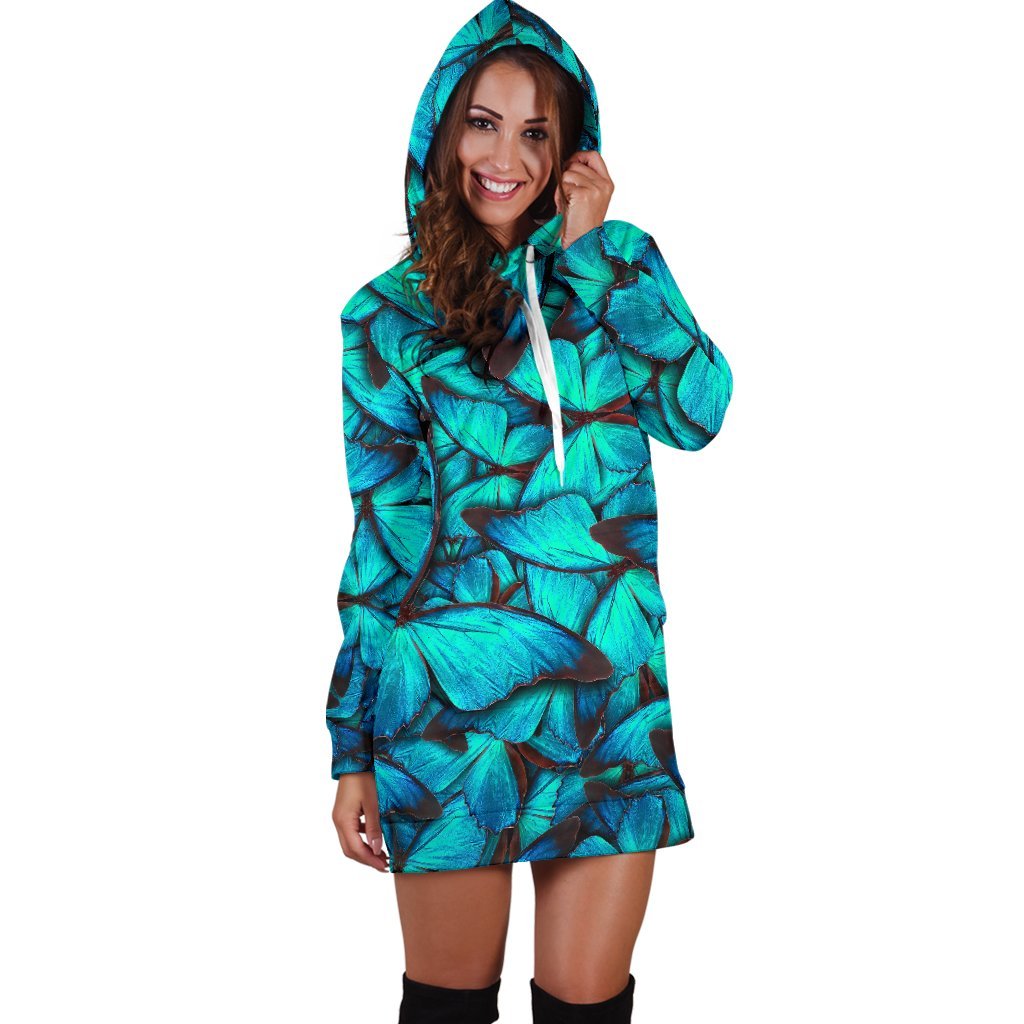 Turquoise Butterfly Pattern Print Hoodie Dress GearFrost