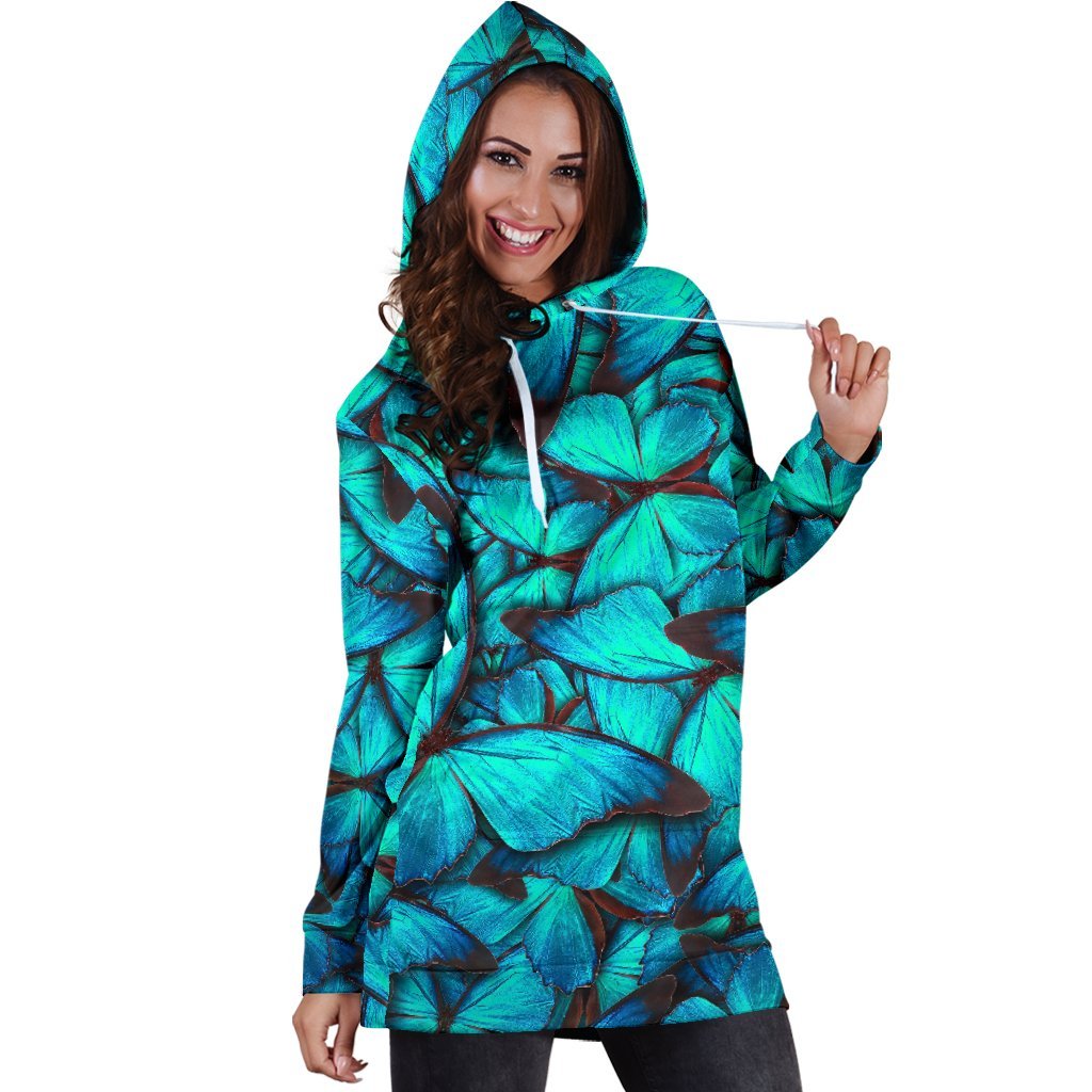 Turquoise Butterfly Pattern Print Hoodie Dress GearFrost