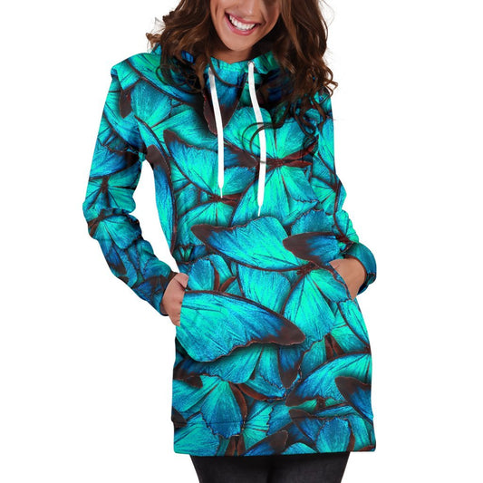 Turquoise Butterfly Pattern Print Hoodie Dress GearFrost