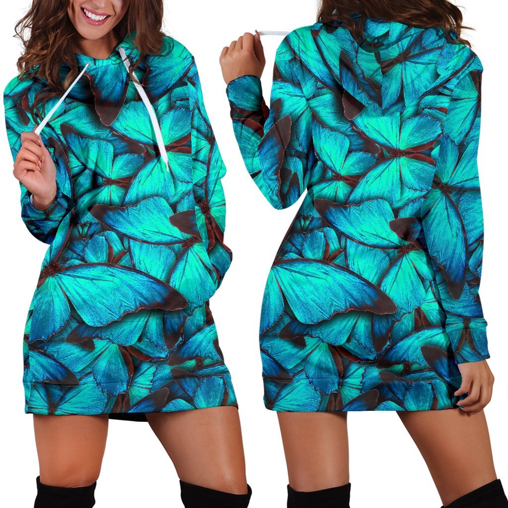 Turquoise Butterfly Pattern Print Hoodie Dress GearFrost
