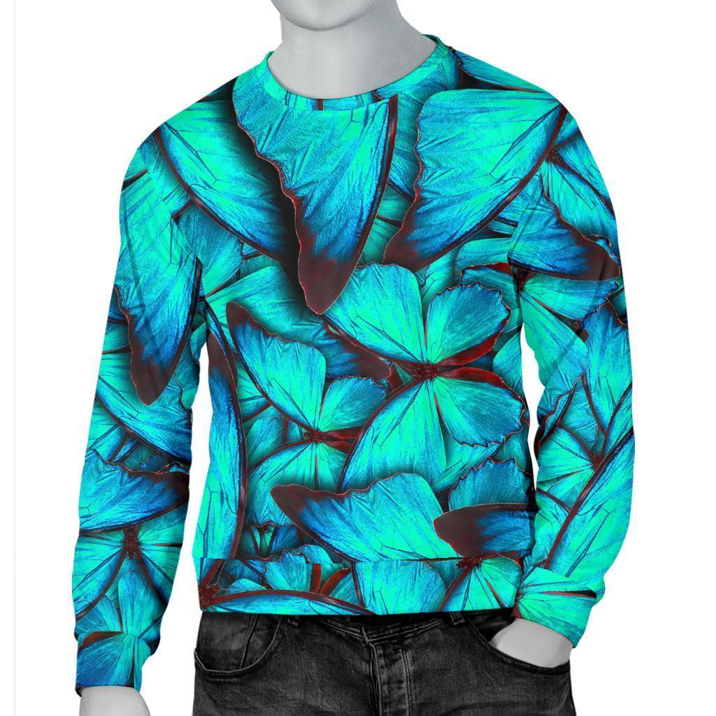 Turquoise Butterfly Pattern Print Men's Crewneck Sweatshirt GearFrost