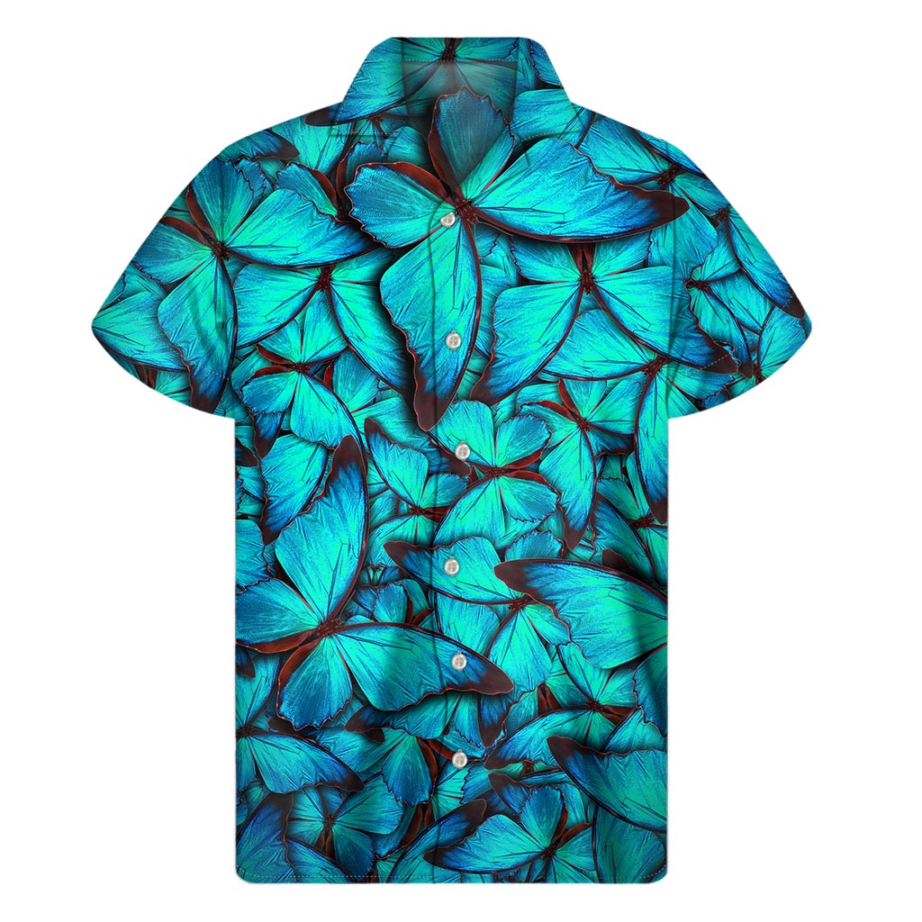 Turquoise Butterfly Pattern Print Men's Short Sleeve Shirt