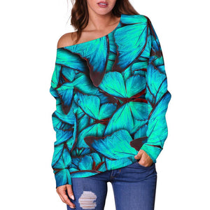 Turquoise Butterfly Pattern Print Off Shoulder Sweatshirt GearFrost
