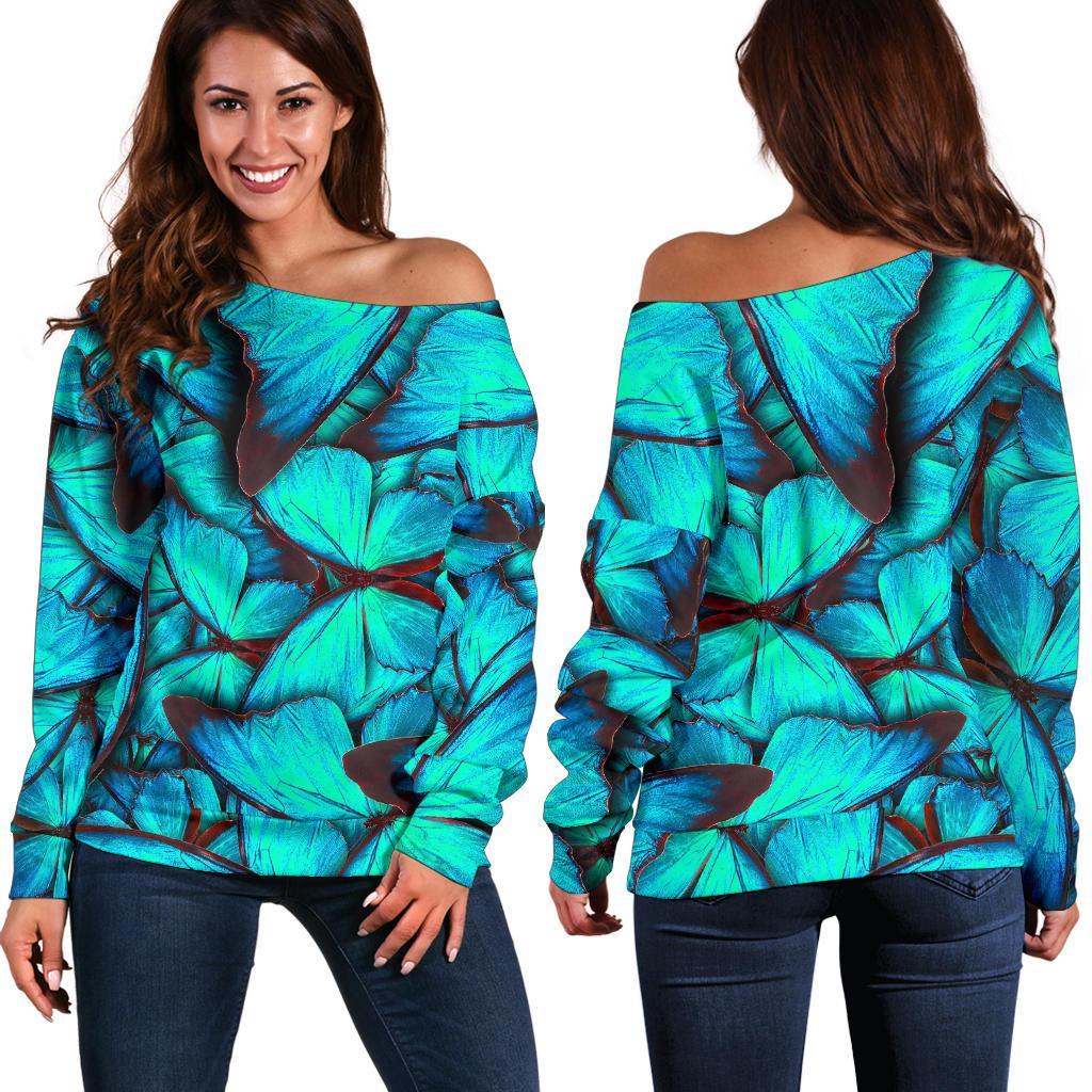 Turquoise Butterfly Pattern Print Off Shoulder Sweatshirt GearFrost