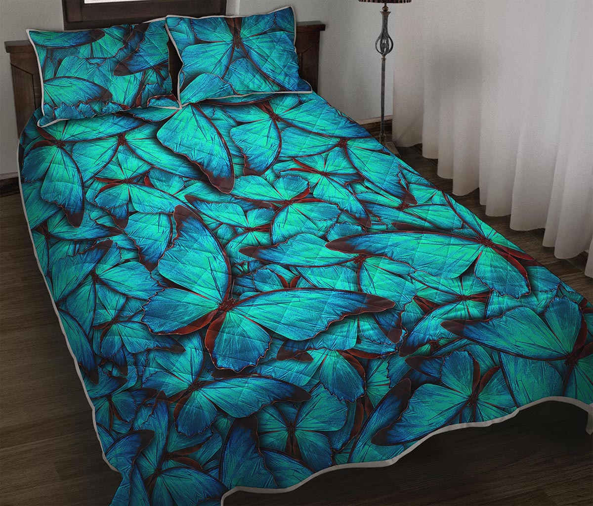 Turquoise Butterfly Pattern Print Quilt Bed Set