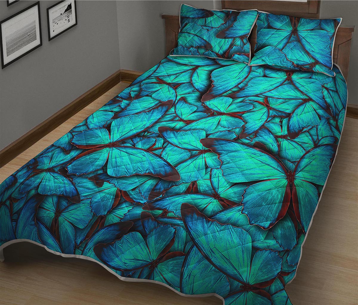 Turquoise Butterfly Pattern Print Quilt Bed Set