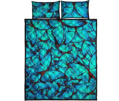Turquoise Butterfly Pattern Print Quilt Bed Set