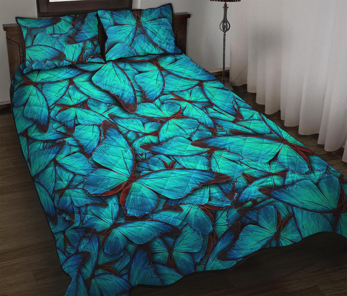 Turquoise Butterfly Pattern Print Quilt Bed Set