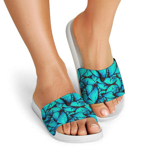 Turquoise Butterfly Pattern Print White Slide Sandals