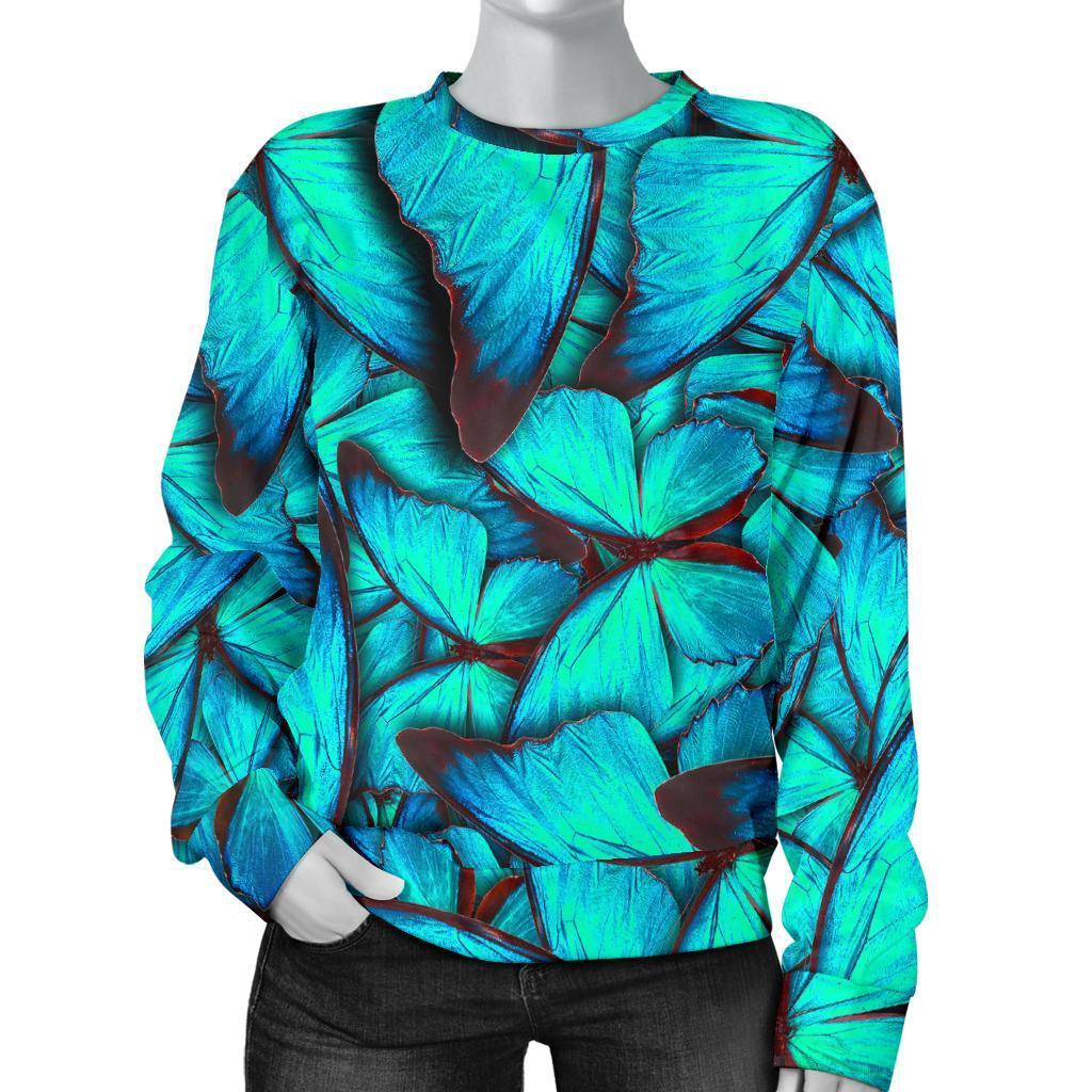 Turquoise Butterfly Pattern Print Women's Crewneck Sweatshirt GearFrost