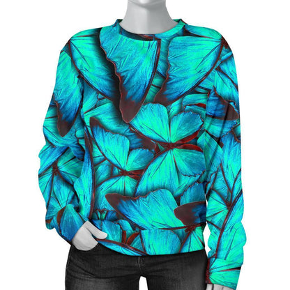 Turquoise Butterfly Pattern Print Women's Crewneck Sweatshirt GearFrost