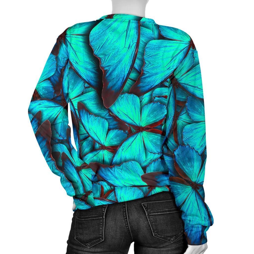 Turquoise Butterfly Pattern Print Women's Crewneck Sweatshirt GearFrost