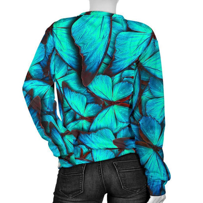 Turquoise Butterfly Pattern Print Women's Crewneck Sweatshirt GearFrost